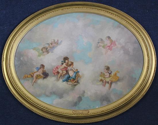 Attributed Charles Augustus Henry Lutyens (fl.1862-1903) Cherubs amongst clouds, oval 15.5 x 20.5in.